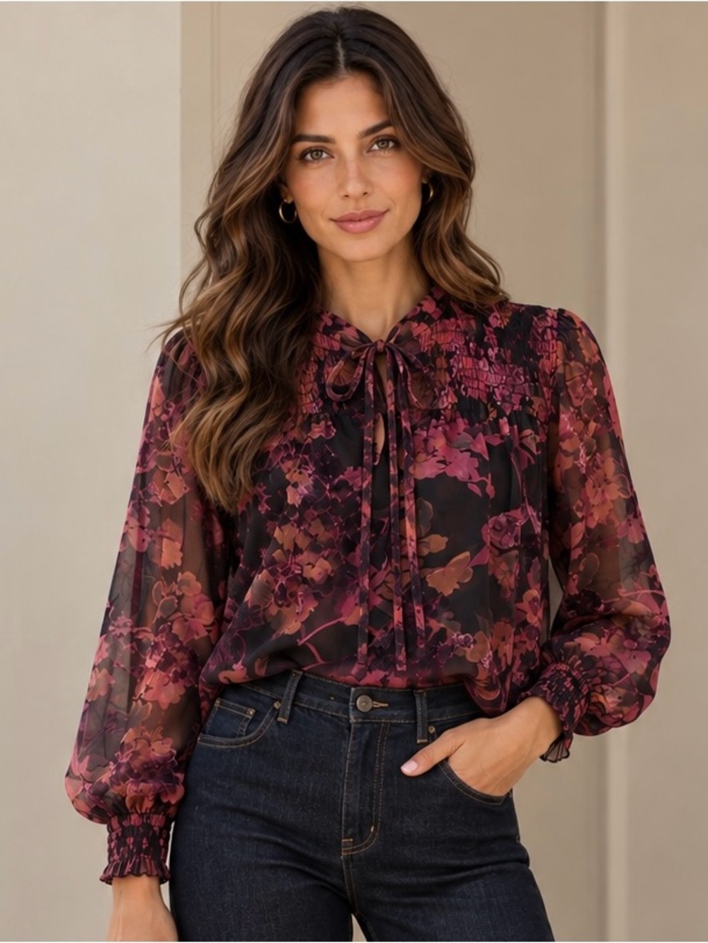 Evereve Floral Tie-Neck Blouse - Black & Burgundy